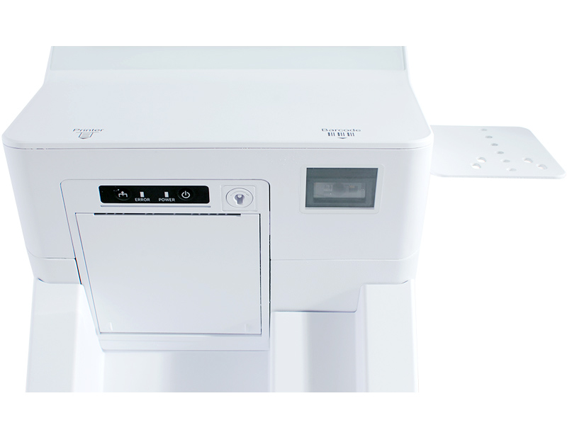 Kiosk base showing reciept printer and scanner